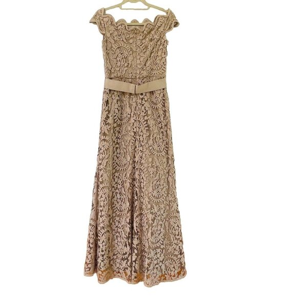 Tadashi Shoji Womens 6 Taupe Embroidered Lace Maxi Evening Dress Gown Party - Picture 2 of 16